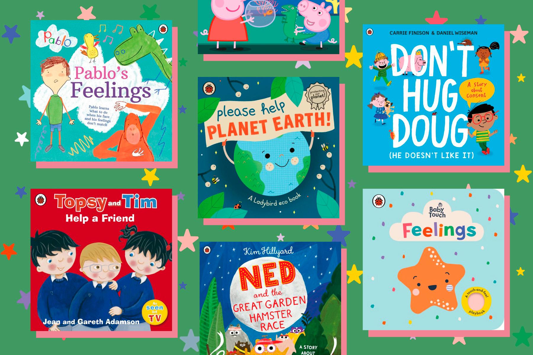 A selection of children's books about empathy on a green background with multicoloured stars
