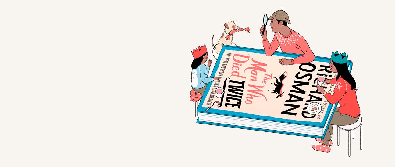 Illustration of a family sitting around a large book of The Thursday Murder Club