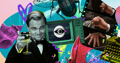 Decorative image for books that inspired a pop culture phenomenon, featuring a collage of image such as leonard dicaprio in the Great Gatsby, a TV set and a type writer.