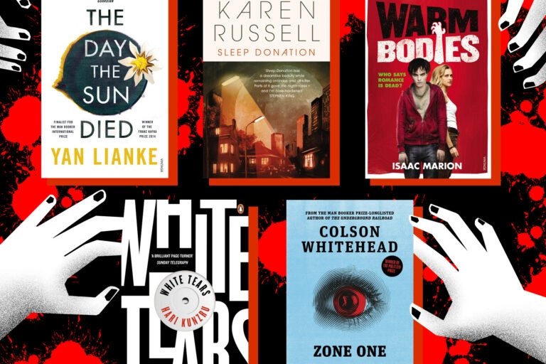 A collage of book covers against a red background, with large, spooky illustrated hands reaching to grab the book covers.