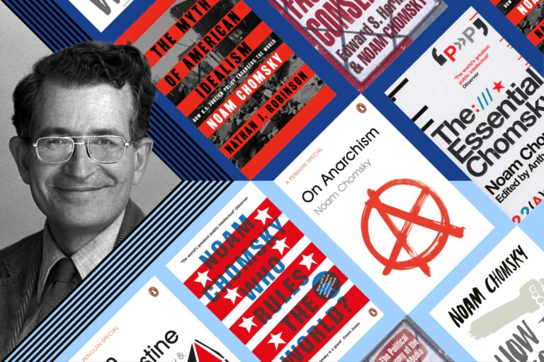 A black and white portrait of Noam Chomsky surrounded by a flat-lay illustration of his books