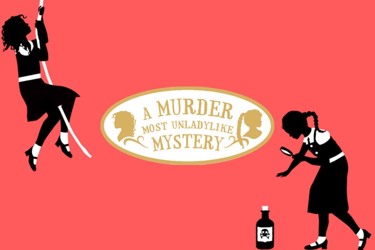 A picture featuring illustrated silhouettes of characters Daisy Wells and Hazel Wong on a coral background. Daisy is climbing a rope and Hazel has a magnifying glass and is inspecting a bottle of poison on the ground