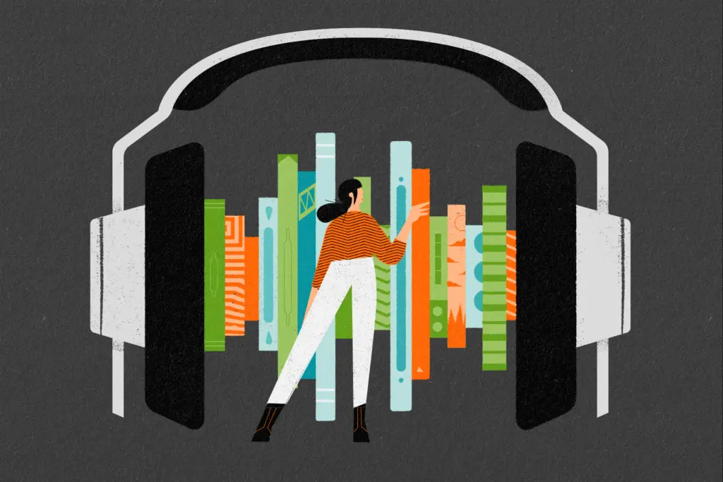 Illustration of someone choosing a book from within a giant pair of headphones
