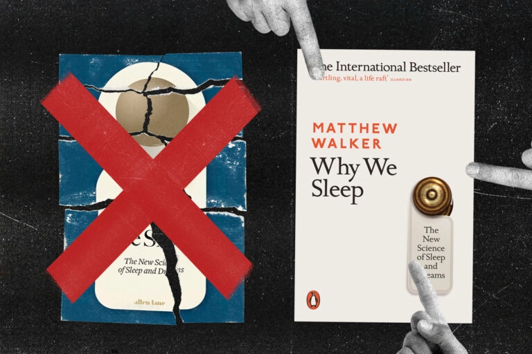 One book cover crossed out, with collaged hands pointing at the used cover