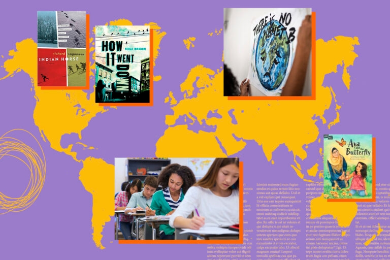A yellow map of the world on a purple background with photographs of children studying