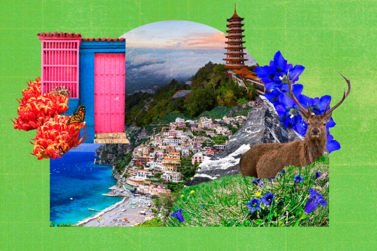 A colourful photo collage of scenes from Malaysia, the French Riviera and more, all set against a green background.