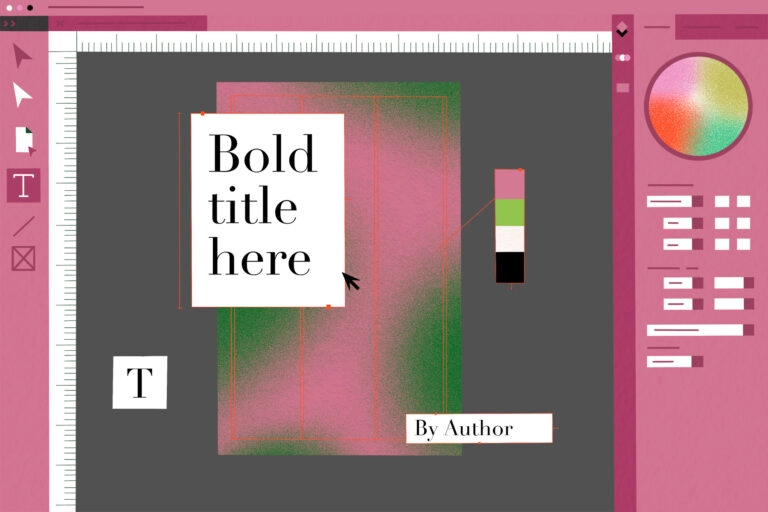 An illustration of image-editing software piecing together a cover made of pink and green shapes with bold text