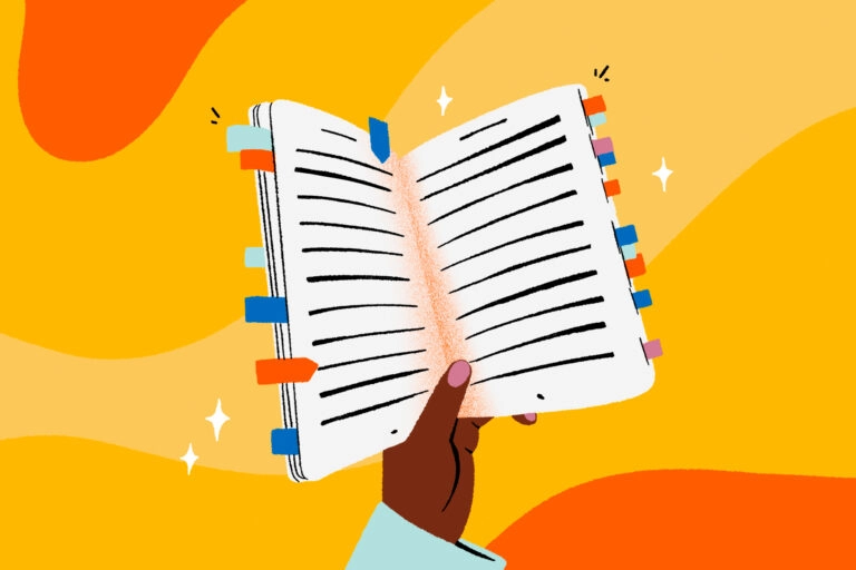 A drawing of a book covered in sticky tabs being held by a hand, against a yellow backdrop