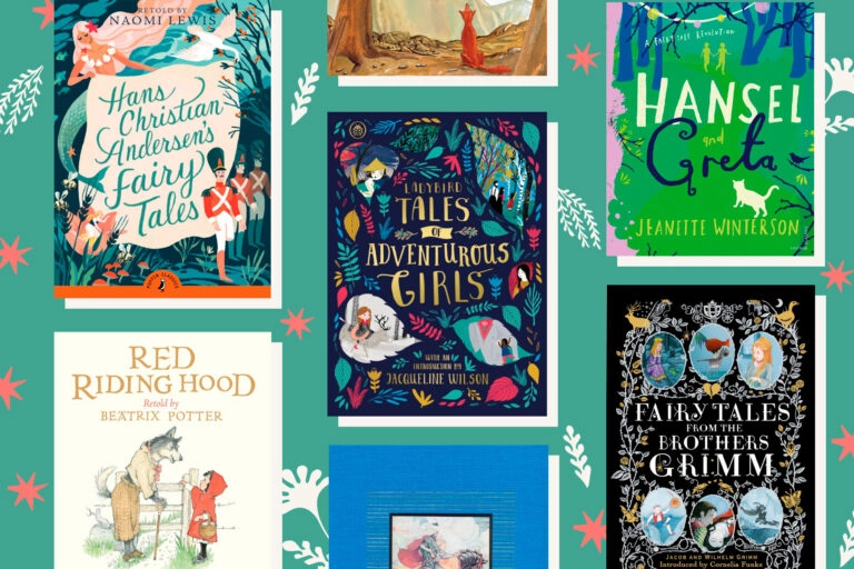 A picture of several fairy tale books for children on a light green background with pretty doodles in the back