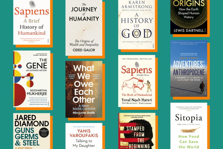 Tiled graphic of book jackets against a green background.