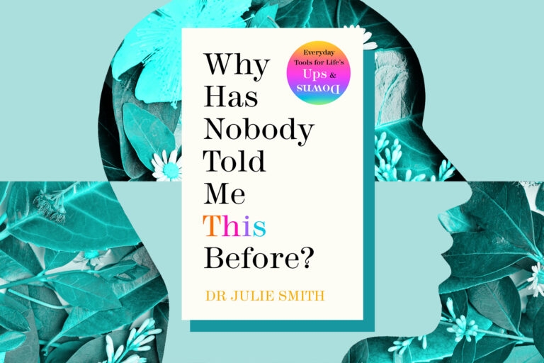 The cover of Dr Julie Smith's book against a teal collage background