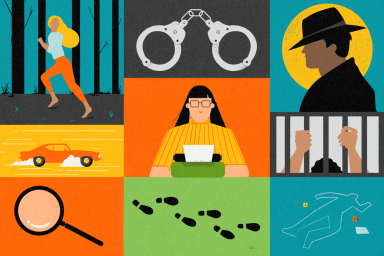 An illustration of elements of a crime novel, with a writer on a typewriter in the middle