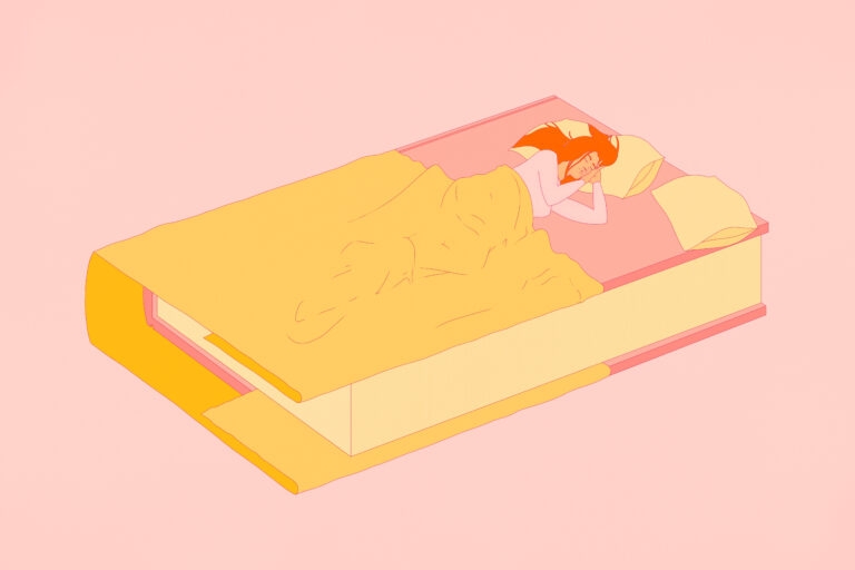 An illustration of a woman asleep on a bed against a pale pink background