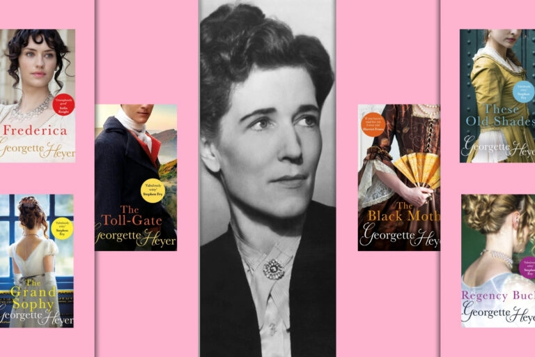 Image of Georgette Heyer surrounded by some of her best books: Frederica, The Grand Sophy, The Toll-Gate, The Black Moth, These Old Shades, and Regency Buck.
