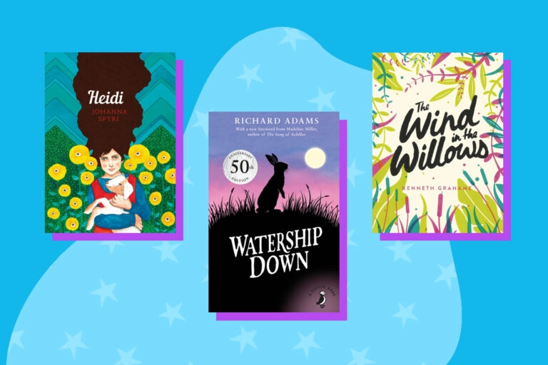 An image of three classic children's books on a light blue background with a shape that has a star pattern