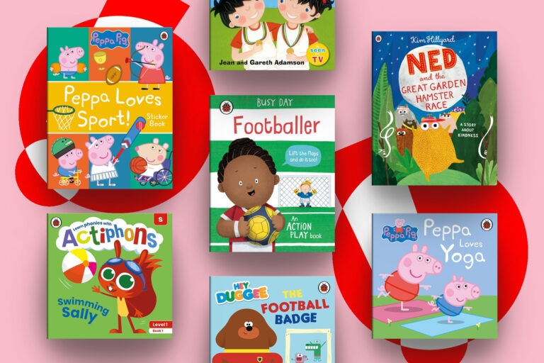 An image of a selection of Ladybird books about sport on a pink background with red and white exclamation marks.