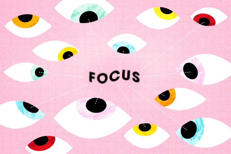 A selection of colourful illustrated eyes gazing in different directions, with the word "FOCUS" in the centre of the immage