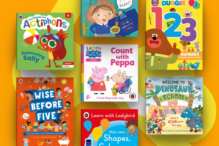 An image showing a selection of childrens books for new school and nursery starters. They sit on on orange background with yellow and white glyphs of the letters L and B.