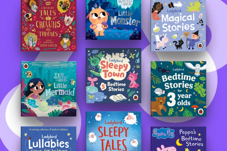 An image of a selection of Ladybird audiobooks on a purple background with light purple glyphs of the letters 'L' and 'B'.