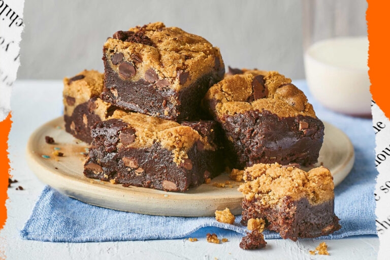 A plate of cookie brownies on a blue cloth