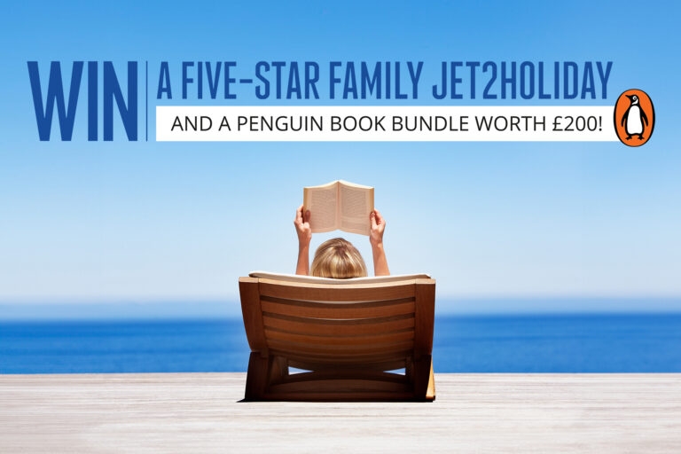 Image of a person reading a book on a beach with the text 'Win a five-star family Jet2holiday and a Penguin book bundle worth £200' and the Penguin logo across the top