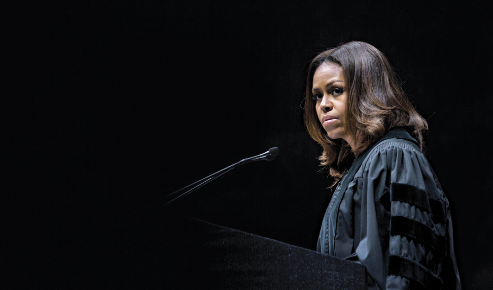 First Lady Michelle Obama, in support of the Reach Higher initiative, delivers remarks at the King College Prep graduation ceremony at Chicago State University's Jones Convocation Center in Chicago, Illinois, June 9, 2015. (Official White House Photo by Amanda Lucidon)