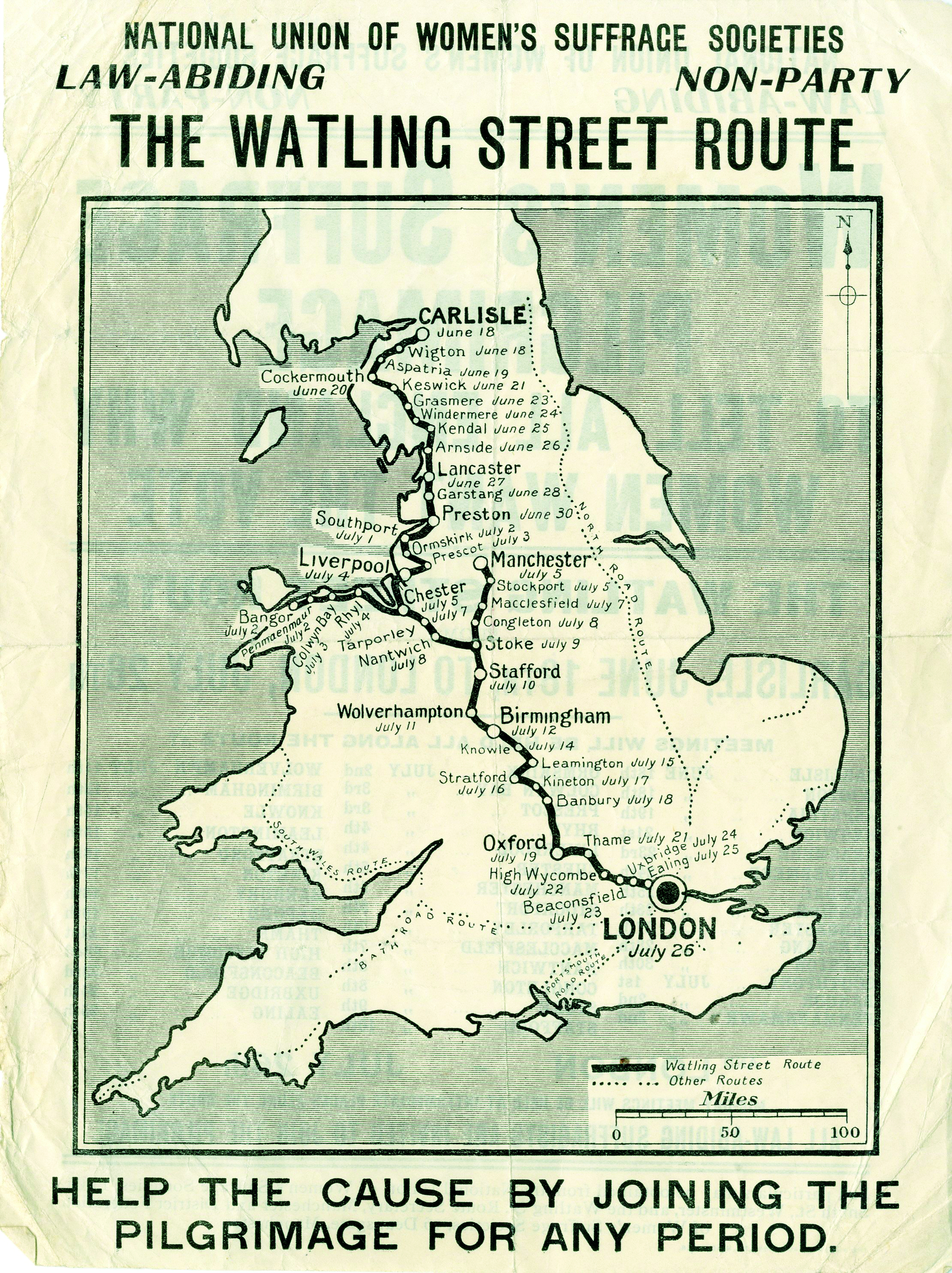 The NUWSS issued maps detailing each route of the Great Pilgrimage. The Watling Street rout was one of the longest.