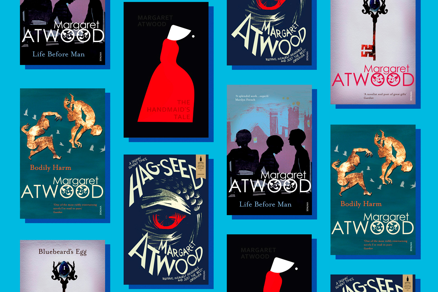 Covers of Margaret Atwood's books, including The Handmaid's Tale and Hag-Seed, against a blue background.