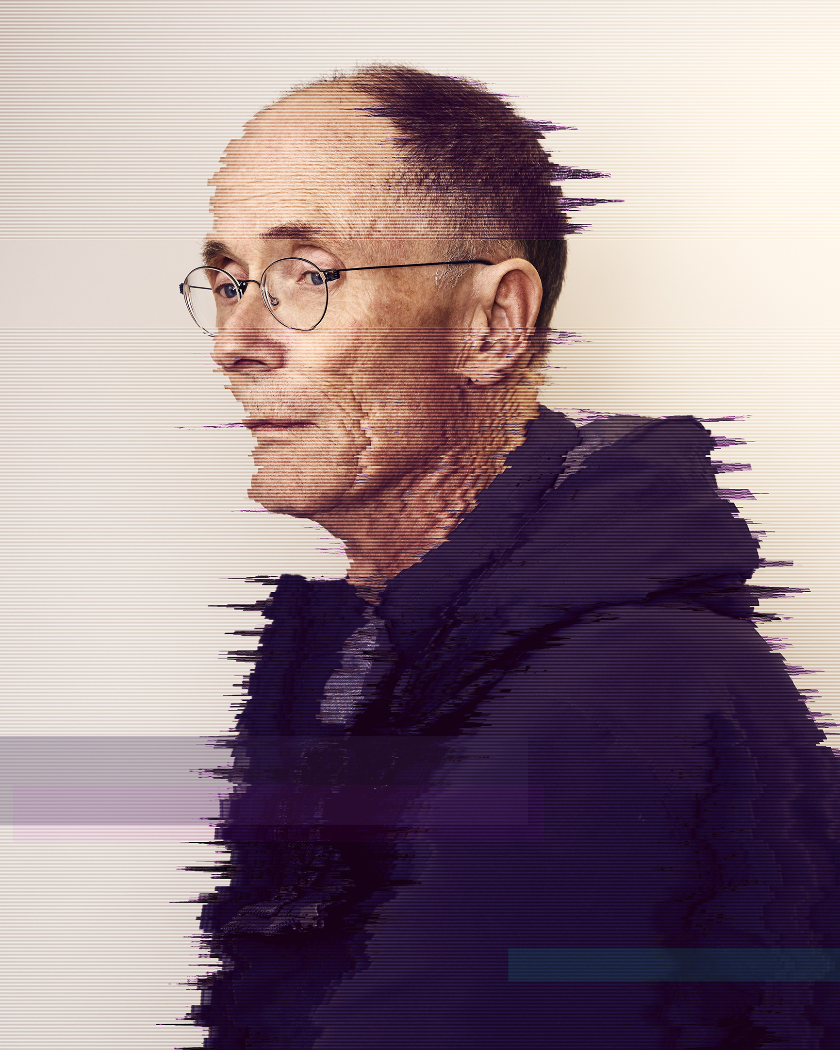 A photo of William Gibson, filtered through digital static.