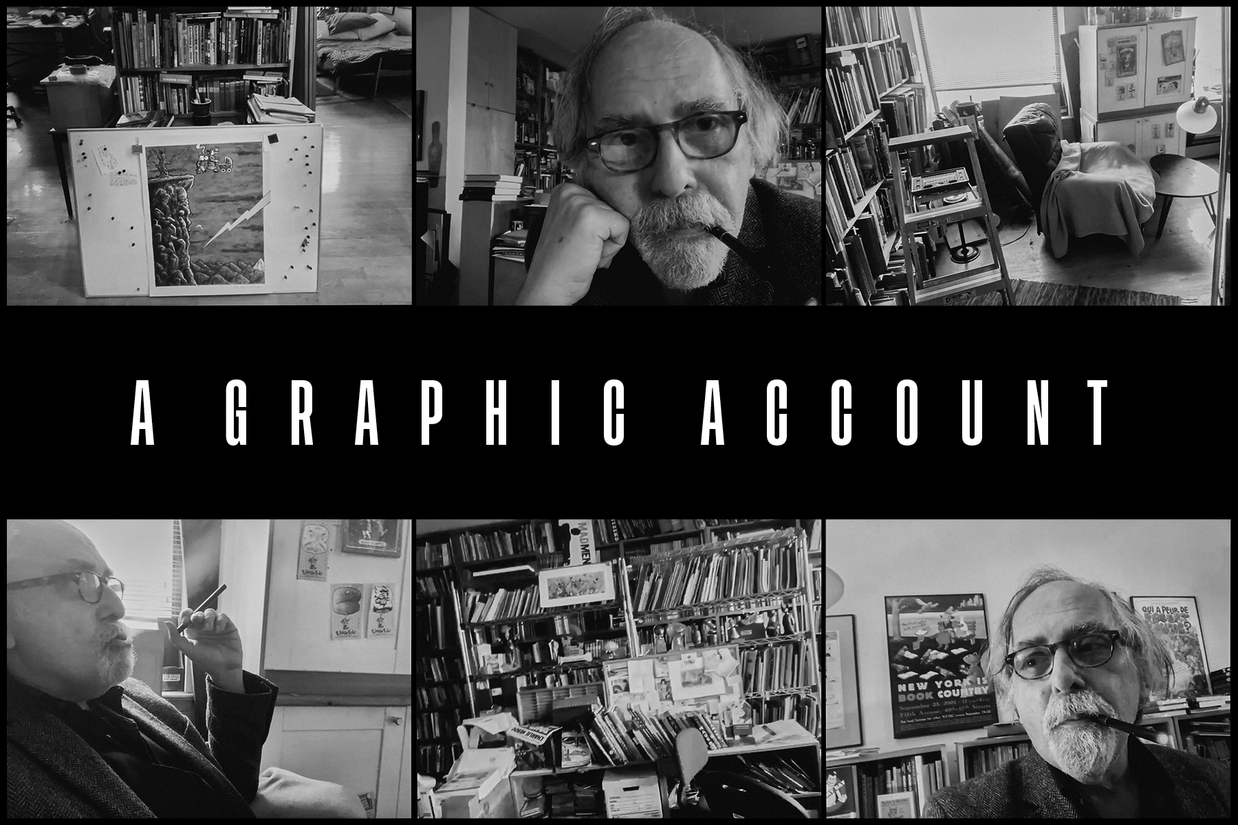 A collection of black and white portraits of Art Spiegelman and his studio