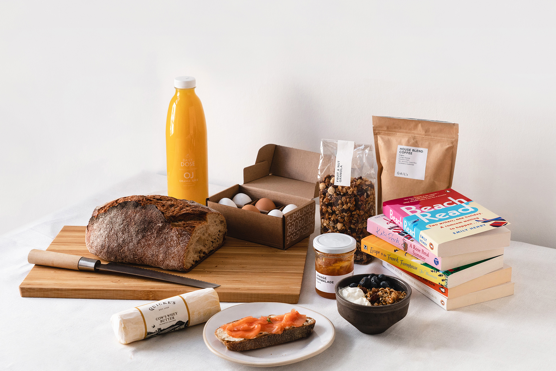 image of Farmhouse Breakfast bundle and a stack of books
