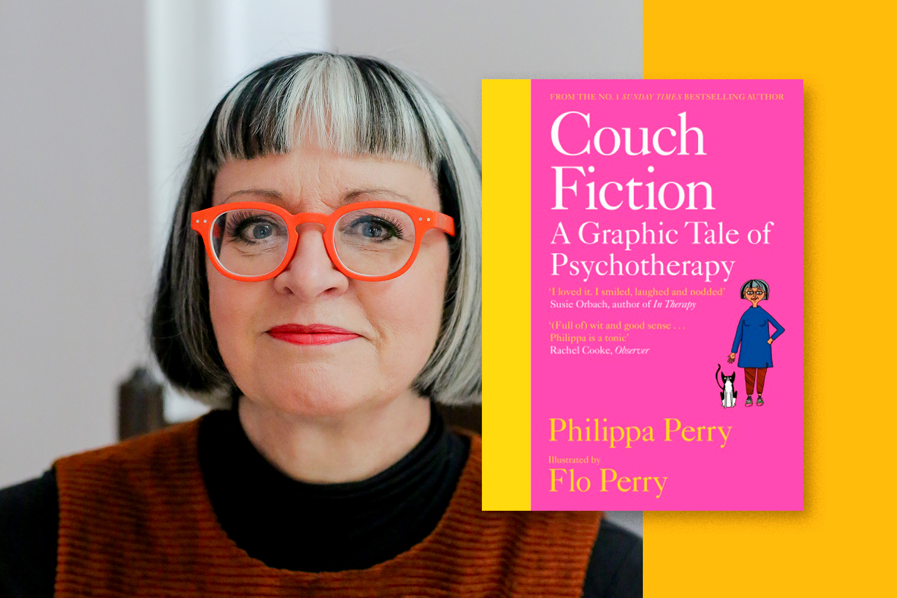 A photo of Philippa Perry wearing bright orange glasses frames. Photo: Justine Stoddart