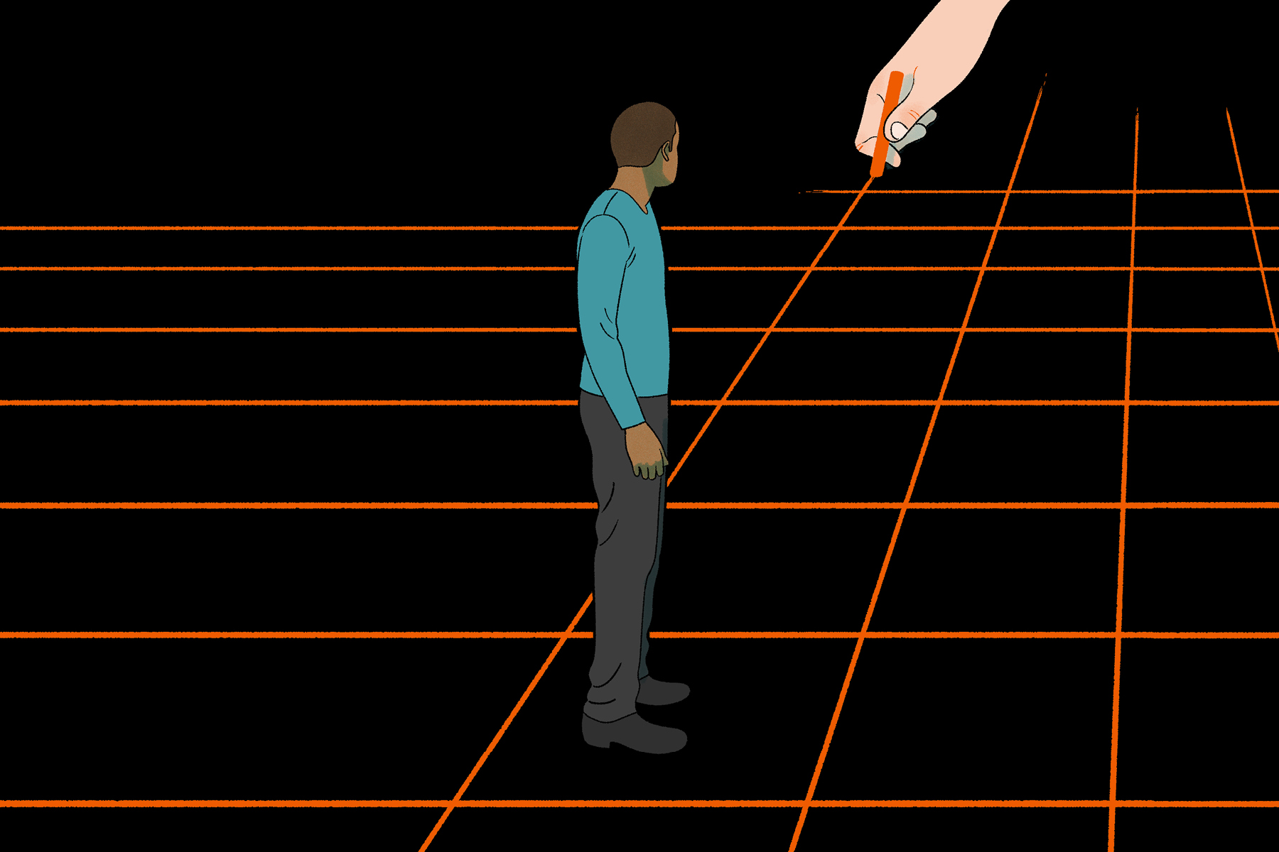 An illustration of a Black man trapped on a grid, drawn by a white hand.