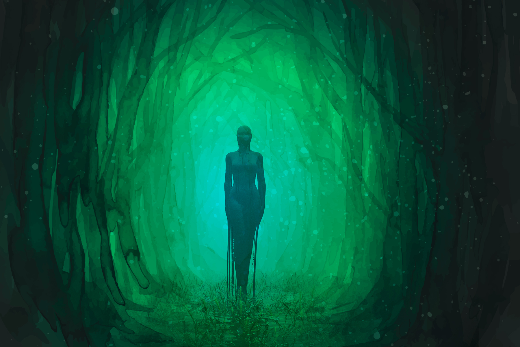 An illustration of a figure of a woman emerging from a green forest