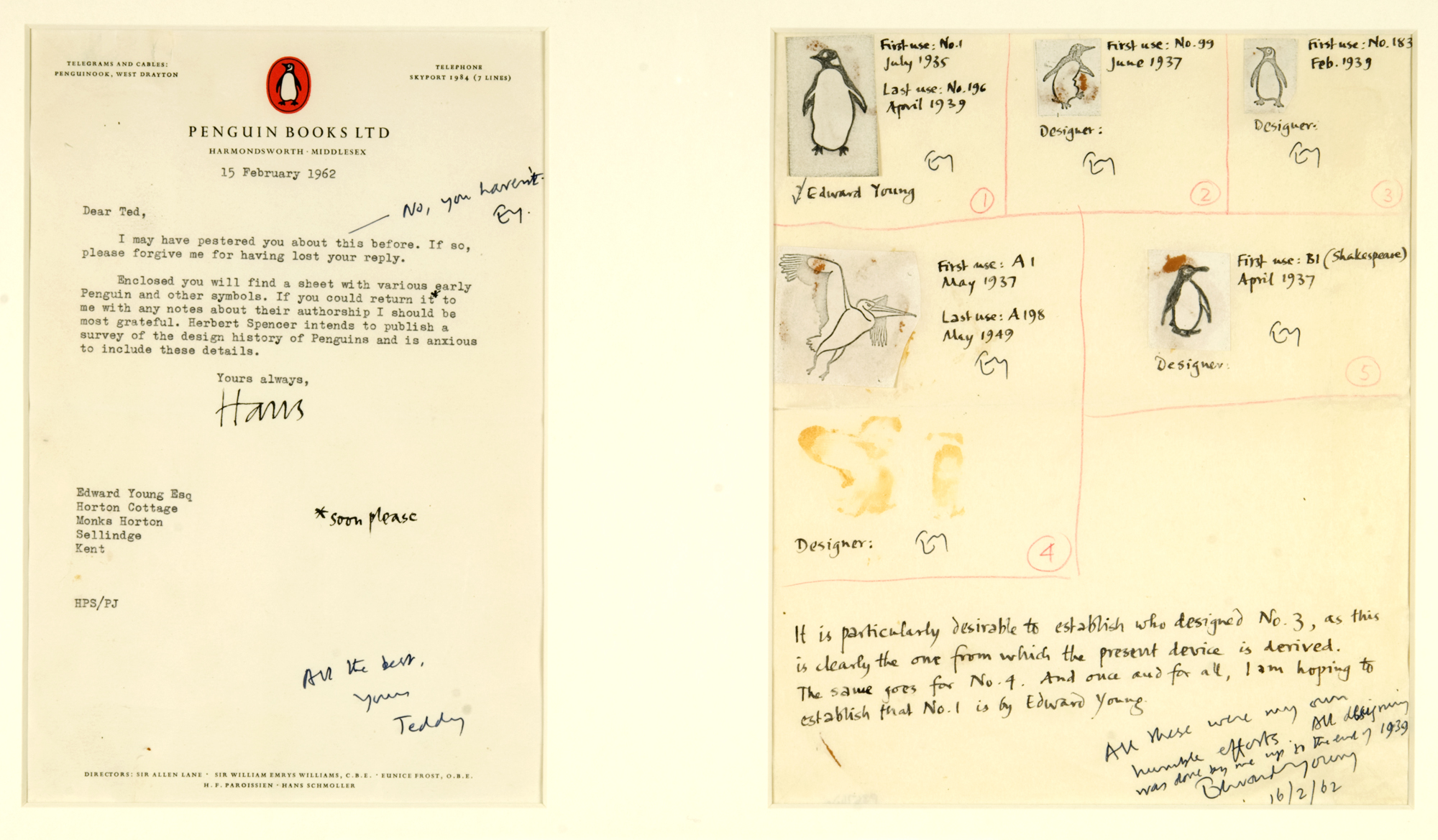 Images from the Penguin Archive of letters from 1962 between Hans Schmoller and Edward Young, where Young was being asked to identify who designed a number of logos.