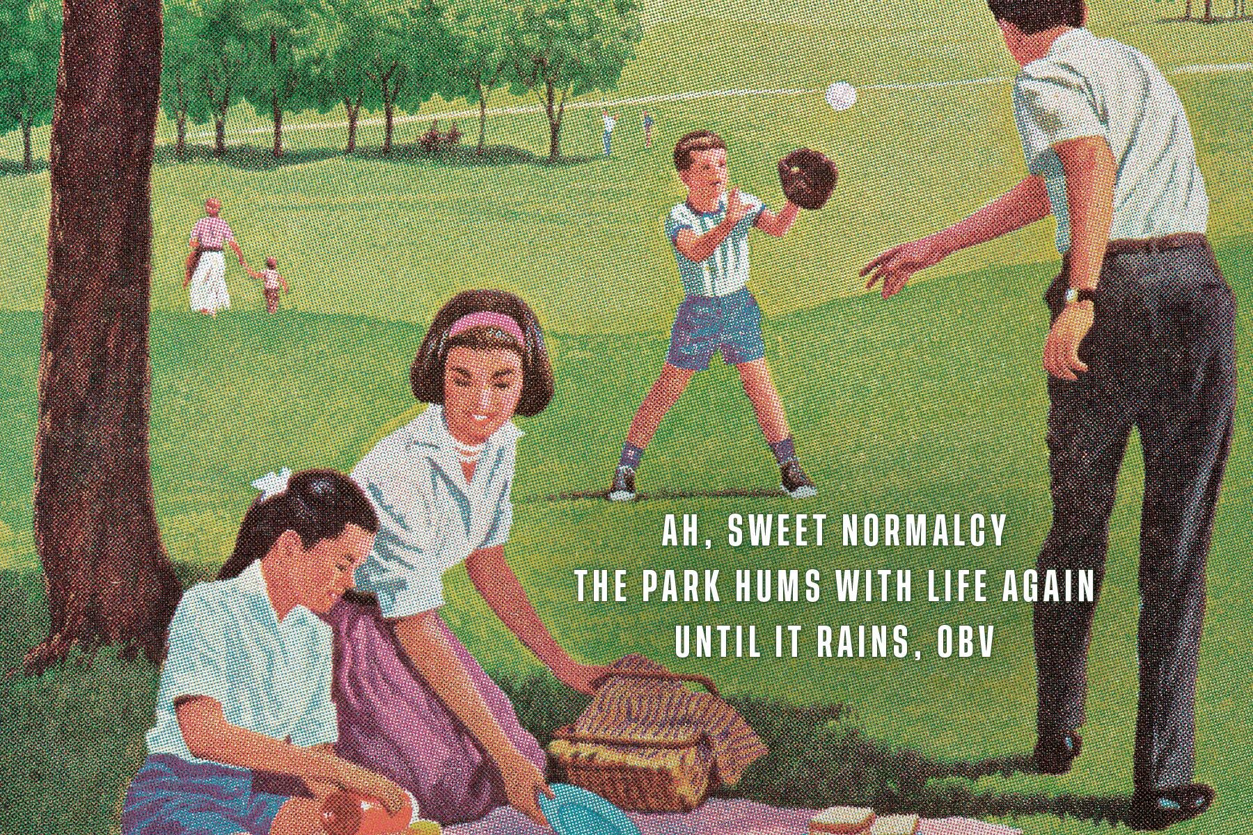 A 50s-style illustration of a day in the park with a funny haiku laid over it, which can be read below.