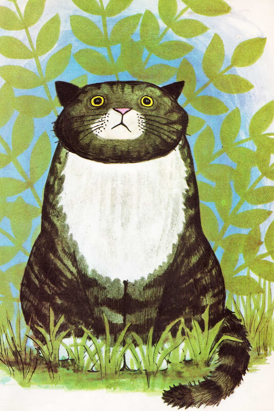 An illustration of Mog the forgetful cat, sitting in front of a bush, by Judith Kerr.