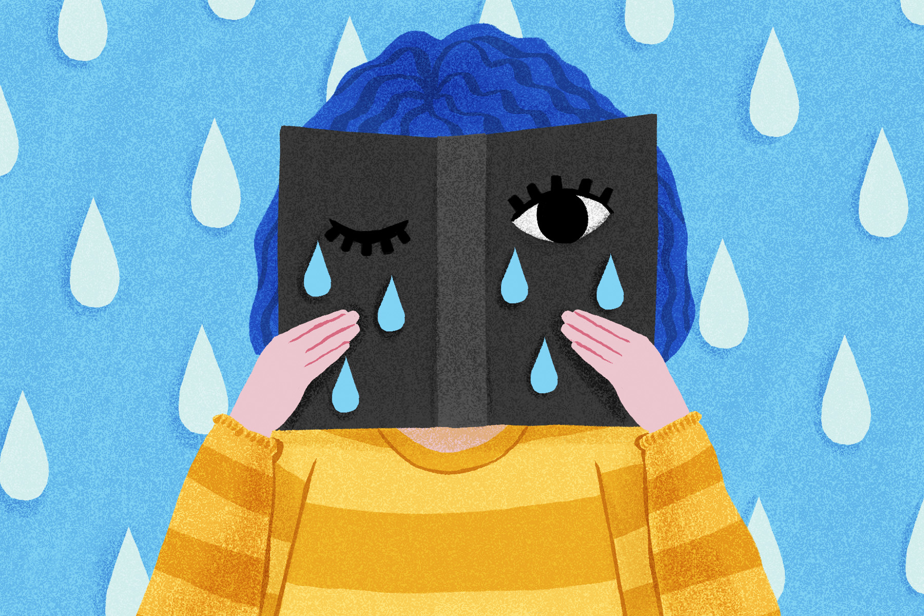 A stylised illustration of a blue-haired woman wearing a yellow jumper, her face covered by a book but her eyes visible on the book's black jacket, shedding big blue tears.