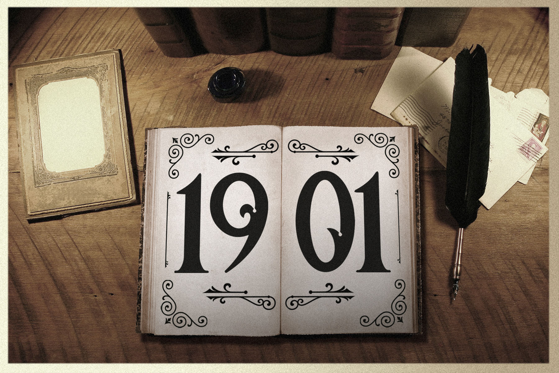 An illustration of a top-down view of a book with the numbers 1901 written on the pages