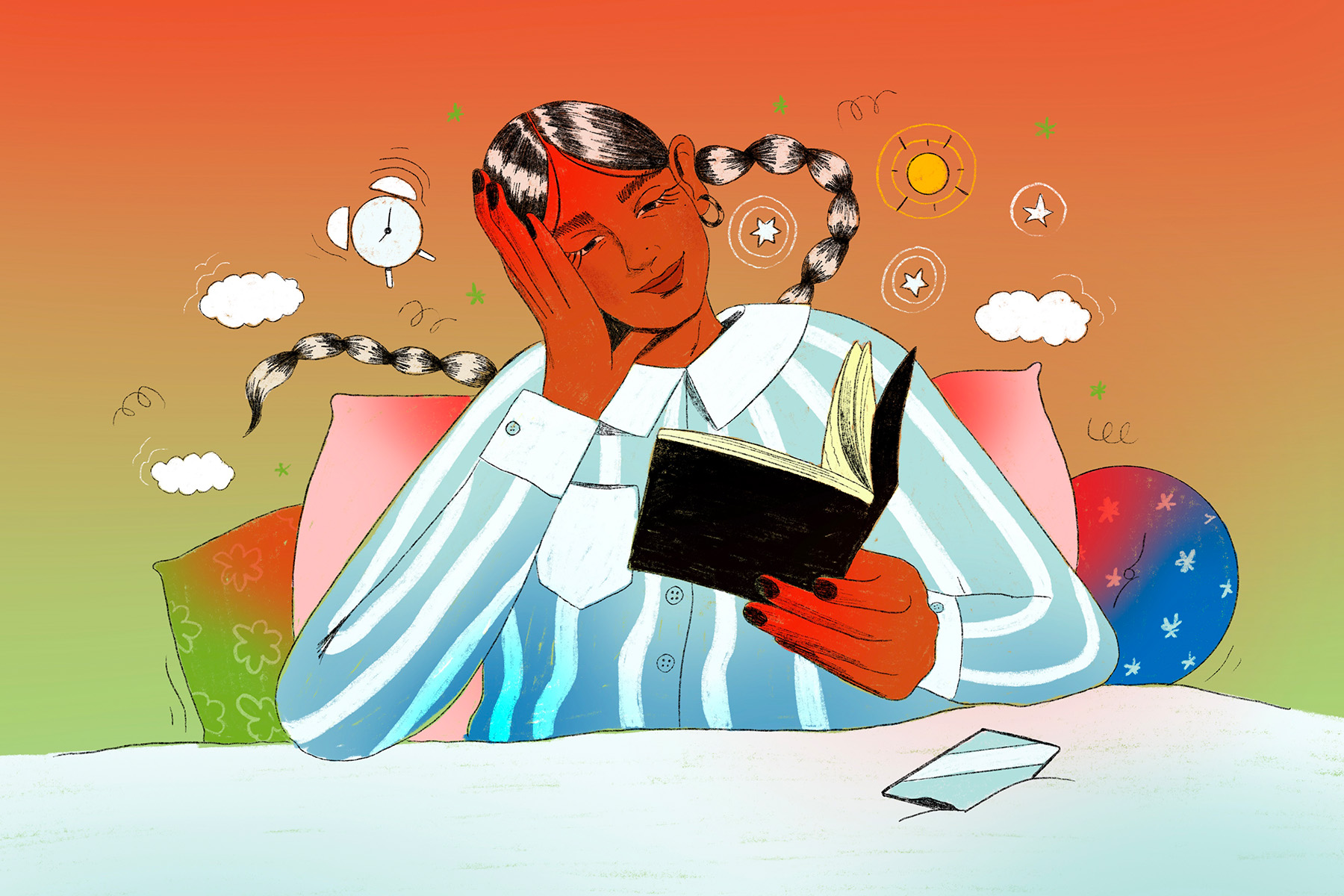 A colourful illustration of a woman, dressed in stripy blue pyjamas, reading a book in bed. 