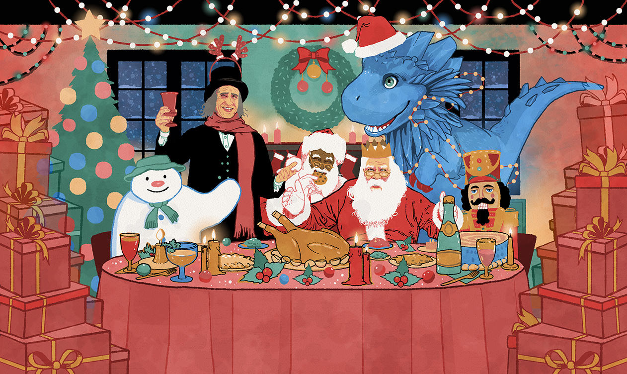 An illustration of different characters from children's books around a Christmas table