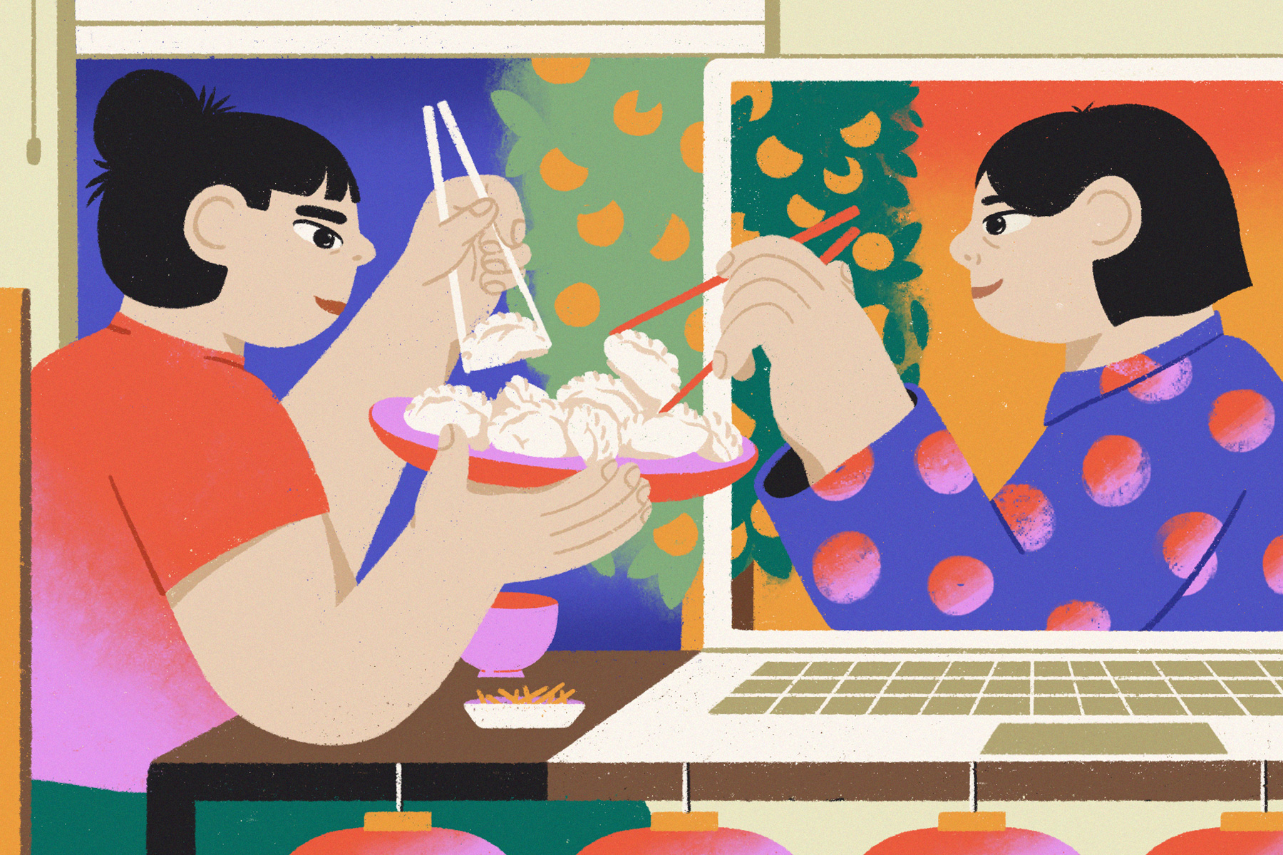 An illustration of two people sharing a plate of dumplings, one of whom through a Zoom screen on a laptop