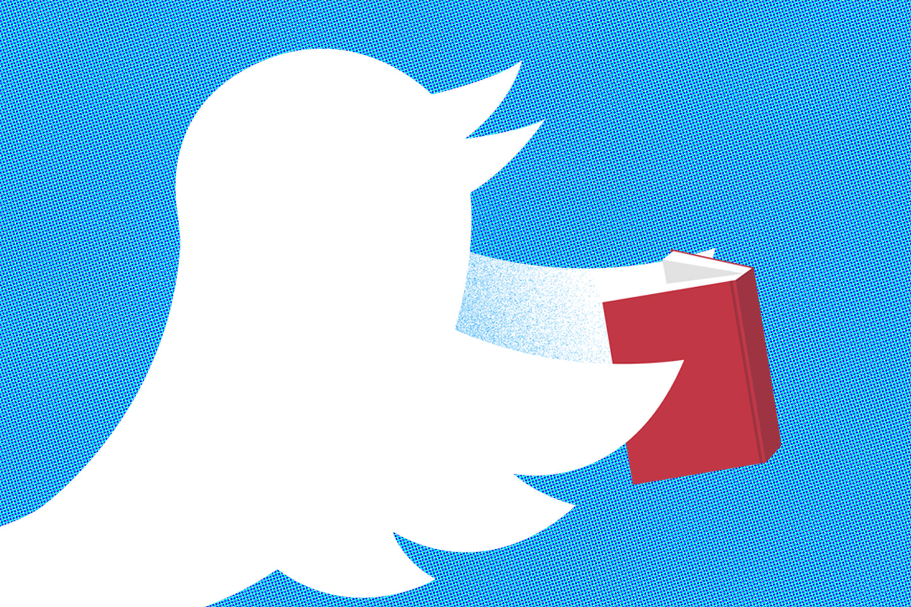Image of bird from Twitter logo holding a red book, against a blue background.