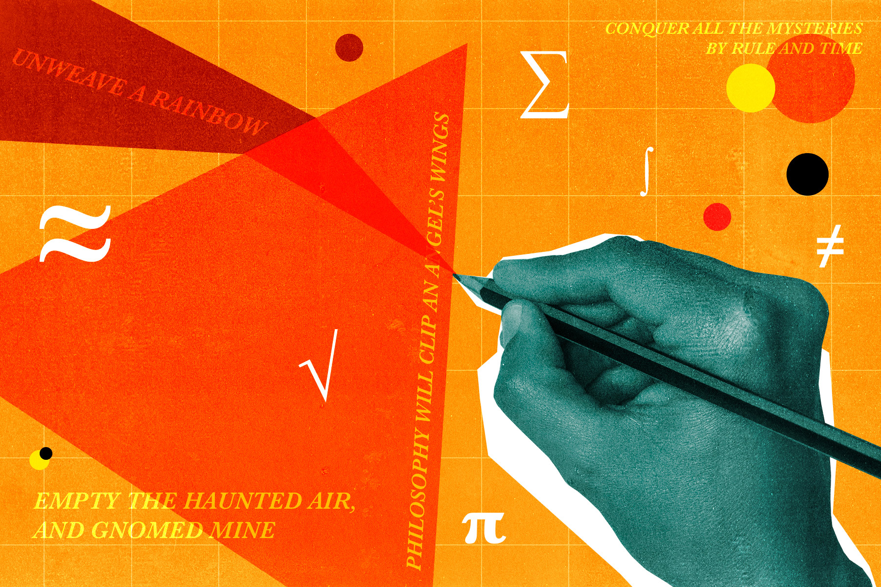 A stylised photo collage in which a green hand, against a host of orange mathematical, constructs a poem using maths.