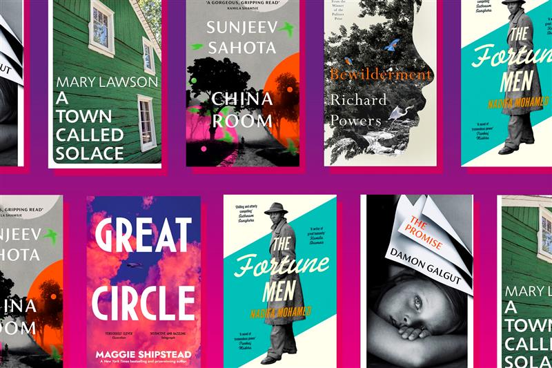 Five books longlisted for the 2021 Booker Prize laid against a blue patterned background.