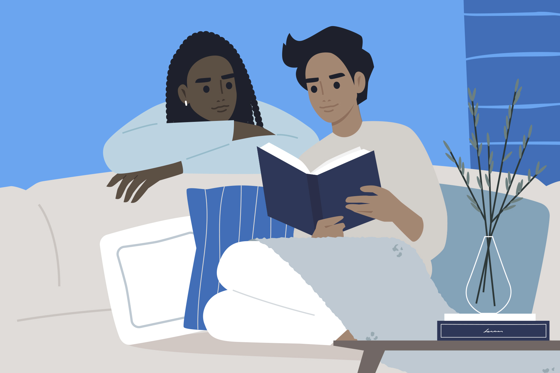 An illustration of a man reading to a woman; he's sitting on a grey sofa, and she's standing behind it, leaning over the back of it and listening.