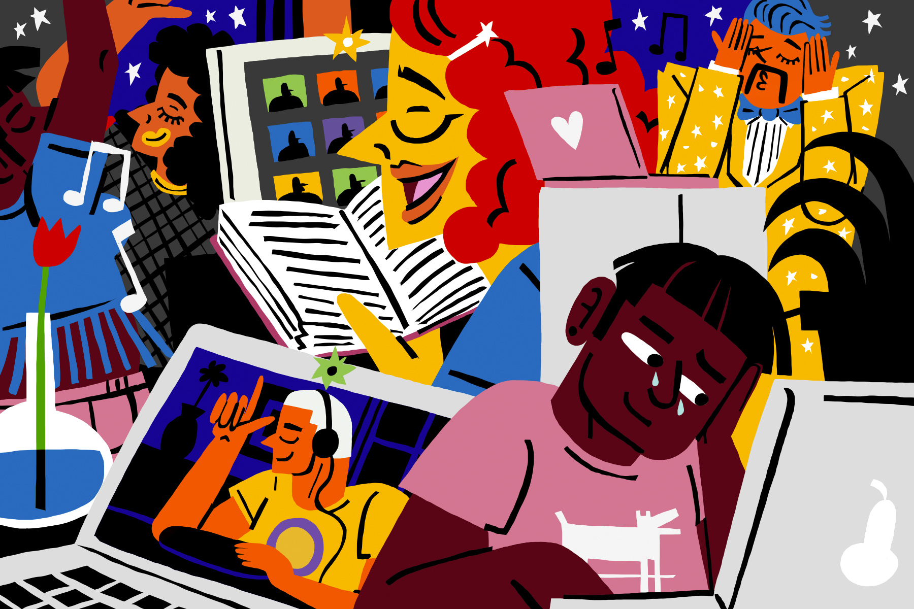A colourful illustration of a diverse array of people connecting online by reading, listening, and performing.