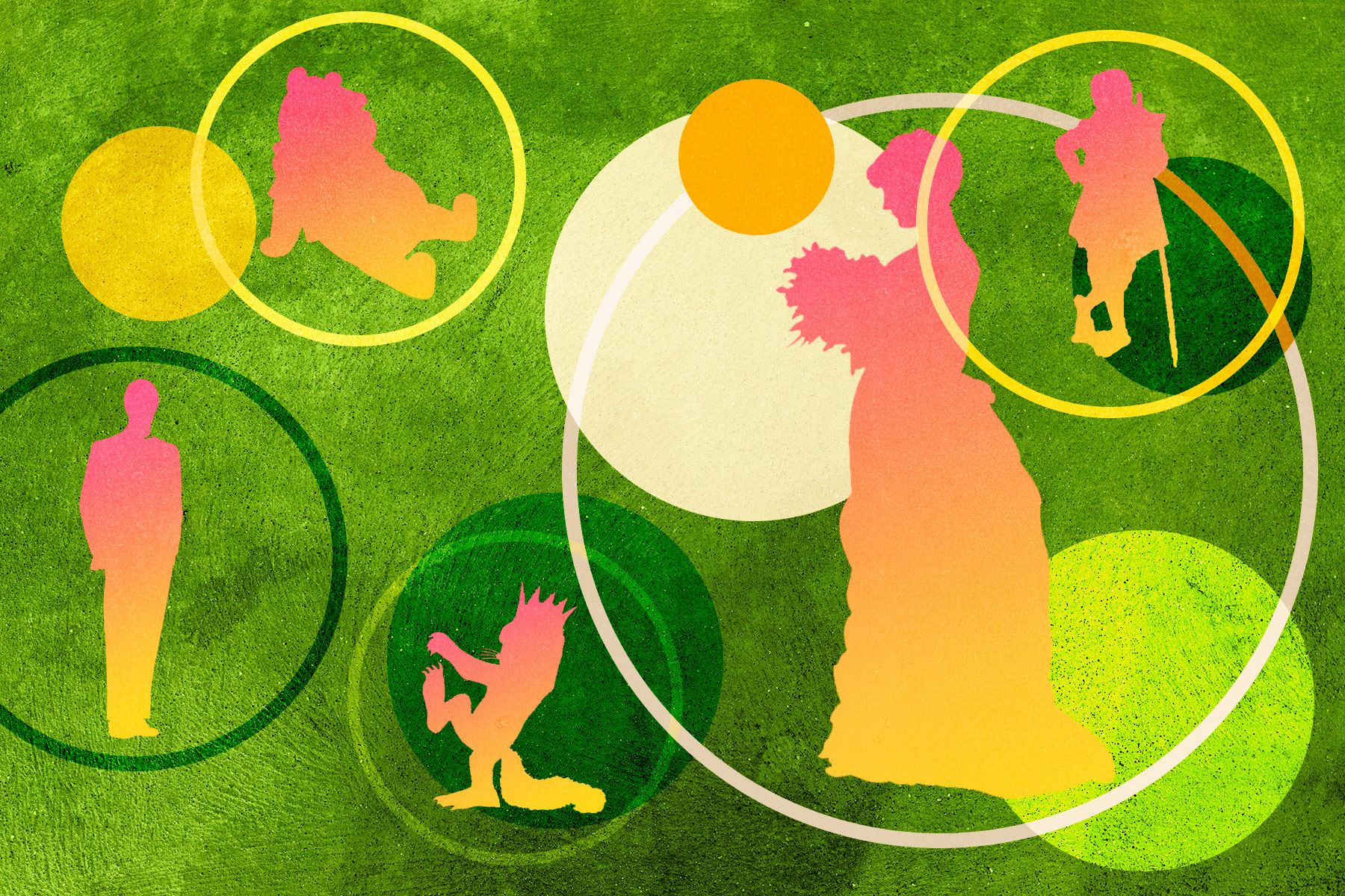 An illustration of five literary characters' silhouettes against a green-grass background