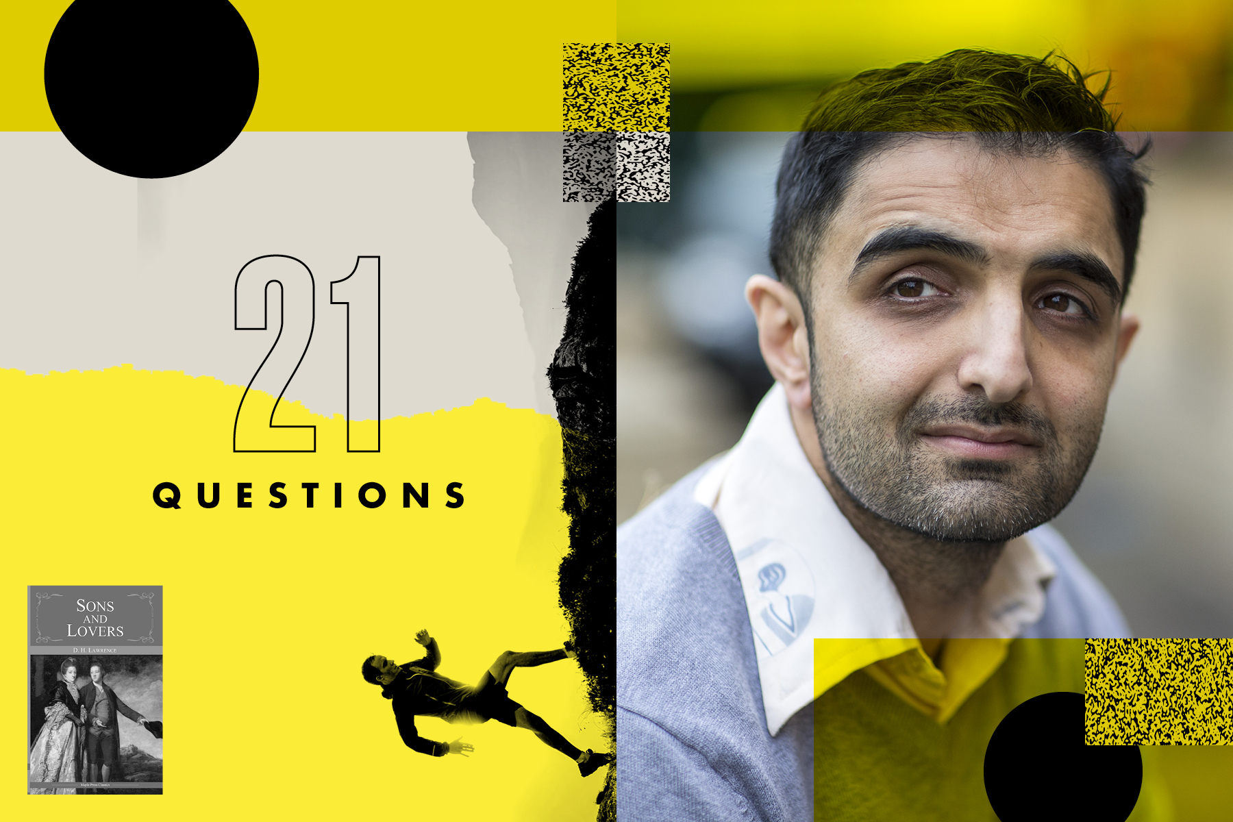 A photo of Sunjeev Sahota, the author of China Room, side-by-side with the interview title, 21 Questions, on a yellow and grayscale background.