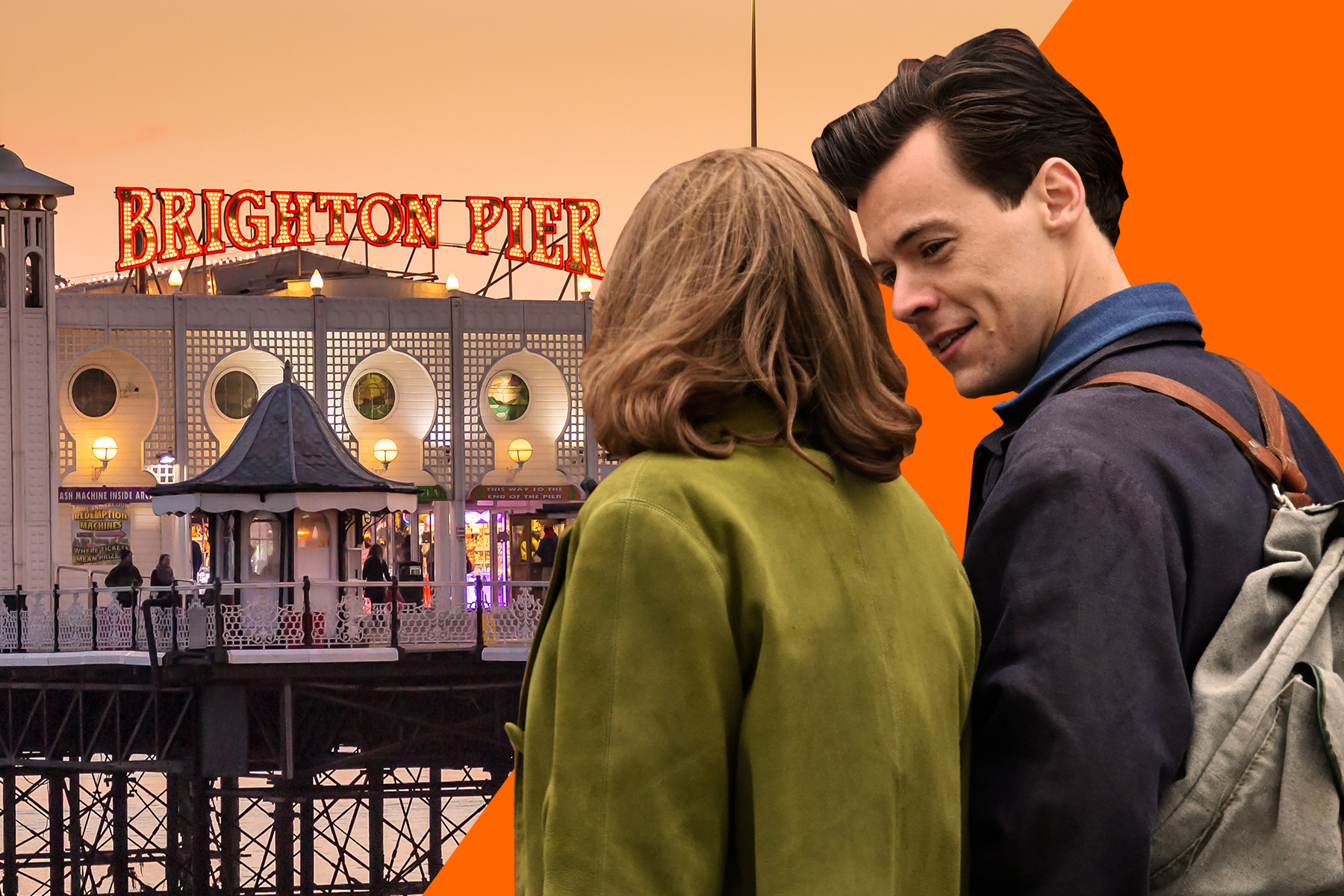 A collage of Harry Styles and Emma Corrin in front of a photograph of Brighton Pier against an orange background
